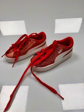 Puma Basket Glitter Red Sparkle Sneakers Kids Size 9C Lace Up Low Top